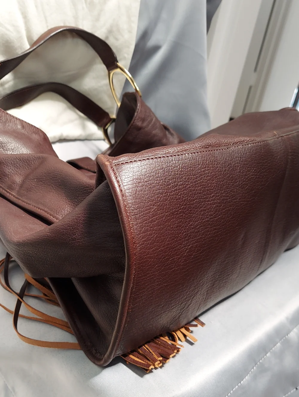 G.I.L.I. Leather Bag, Brown, Gold Stirrup Hardware, Double Handle, Tassel